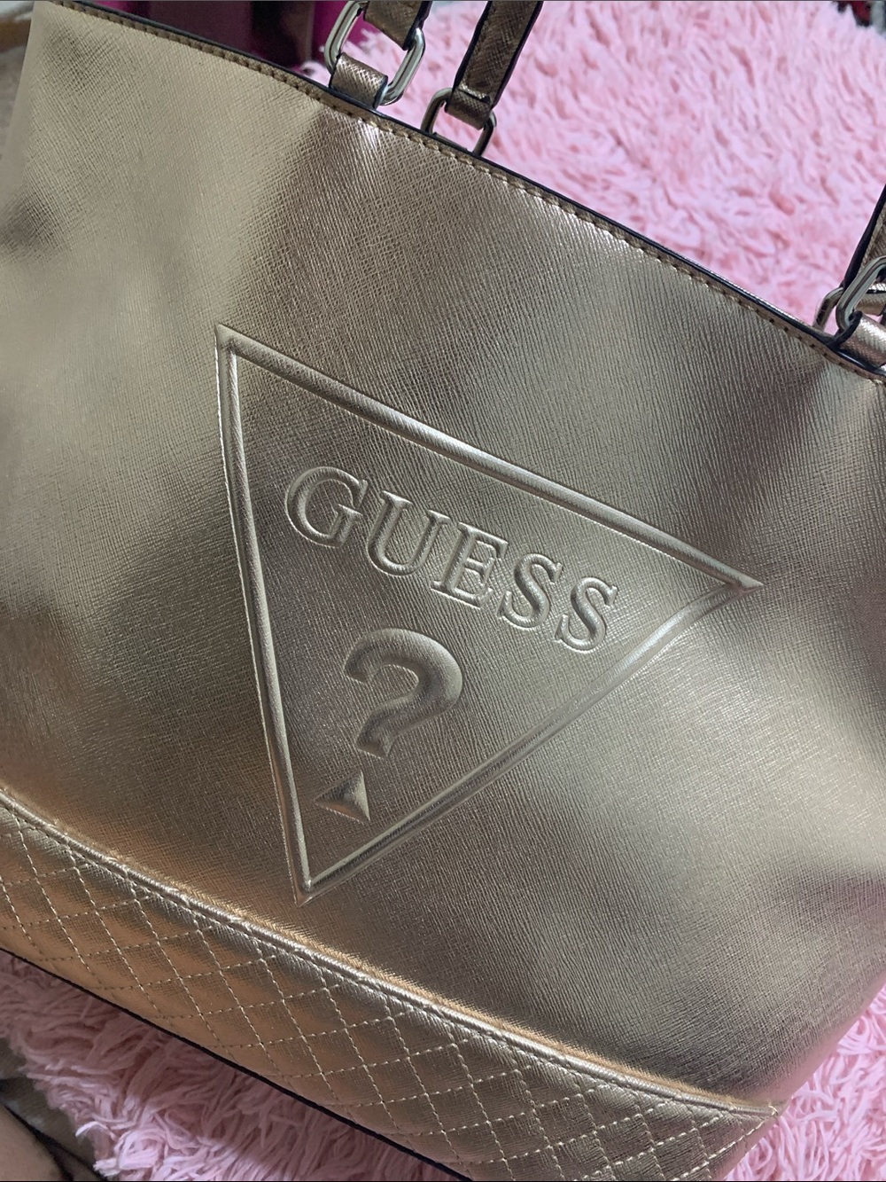❤️PRE LOVED GUESS Metallic Gold Embossed Logo Tote